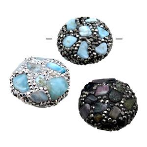 Clay coin Beads paved rhinestone with Larimar, mixed, approx 25-28mm dia [GM14957]