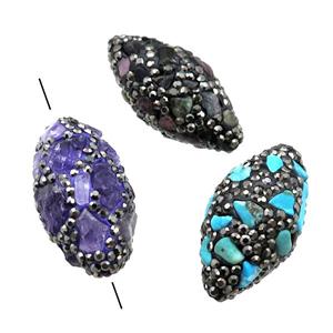 Clay rice Beads paved rhinestone with Gemstone, mixed, approx 15-32mm [GM14987]
