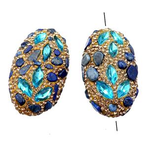 Clay oval Beads paved yellow rhinestone with blue crystal glass, approx 25-45mm [GM14995]