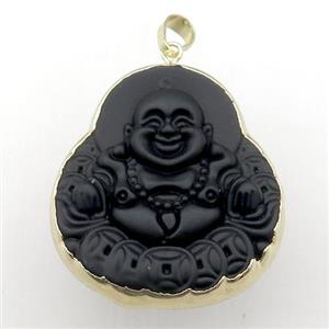 black Jadeite Glass buddha pendant, gold plated, approx 35-40mm [GM15001]