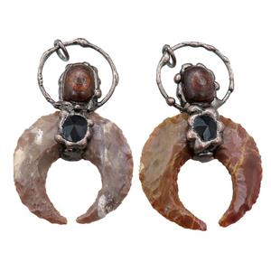 hammered Rock Agate crescent moon pendant, antique red, approx 40-70mm [GM15025]
