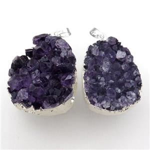 Amethyst Druzy pendant, freeform, silver plated, approx 25-45mm [GM15035]