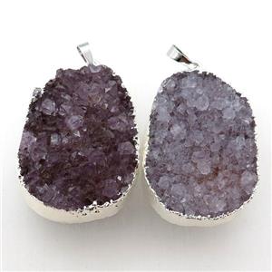 Amethyst Druzy pendant, freeform, silver plated, approx 25-45mm [GM15036]