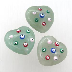 green Aventurine heart Beads with evil eye, approx 20mm [GM15041]
