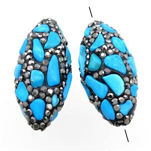 Clay rice beads paved rhinestone with turquoise, approx 15-32mm [GM15050]