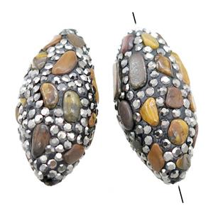 Clay rice beads paved rhinestone with tiger eye stone, approx 15-32mm [GM15051]