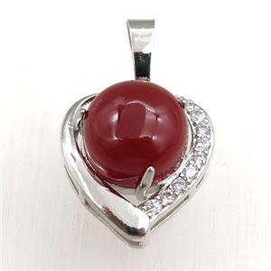 red carnelian agate pendant paved rhinestone, heart, platinum plated, approx 11mm, 17mm [GM15254]