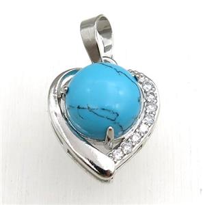 blue synthetic Turquoise pendant paved rhinestone, heart, platinum plated, approx 11mm, 17mm [GM15255]