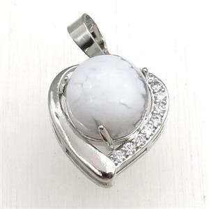 white howlite pendant paved rhinestone, heart, platinum plated, approx 11mm, 17mm [GM15256]