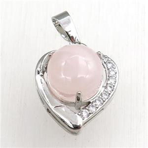 rose quartz pendant paved rhinestone, heart, platinum plated, approx 11mm, 17mm [GM15257]