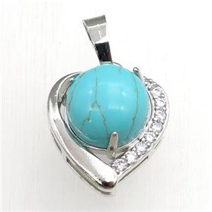 green synthetic turquoise pendant paved rhinestone, heart, platinum plated, approx 11mm, 17mm [GM15260]