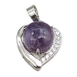 amethyst pendant paved rhinestone, heart, platinum plated, approx 11mm, 17mm [GM15261]