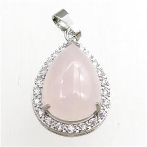 rose quartz pendant paved rhinestone, teardrop, platinum plated, approx 13-18mm, 18-25mm [GM15265]
