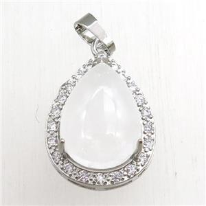 clear quartz pendant paved rhinestone, teardrop, platinum plated, approx 13-18mm, 18-25mm [GM15266]