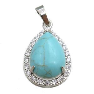 green synthetic turquoise pendant paved rhinestone, teardrop, platinum plated, approx 13-18mm, 18-25mm [GM15267]