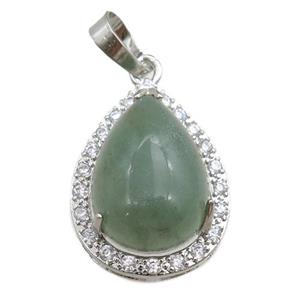 green aventurine pendant paved rhinestone, teardrop, platinum plated, approx 13-18mm, 18-25mm [GM15270]
