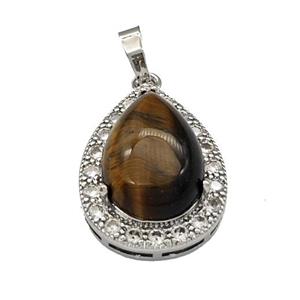 tiger eye stone pendant paved rhinestone, teardrop, platinum plated, approx 13-18mm, 18-25mm [GM15271]