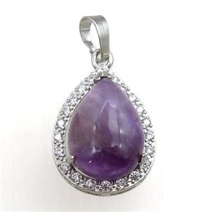 purple amethyst pendant paved rhinestone, teardrop, platinum plated, approx 13-18mm, 18-25mm [GM15272]