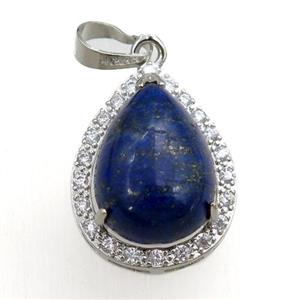 blue lapis pendant paved rhinestone, teardrop, platinum plated, approx 13-18mm, 18-25mm [GM15275]