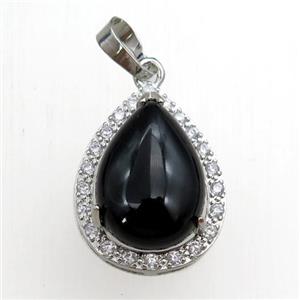 black onyx agate pendant paved rhinestone, teardrop, platinum plated, approx 13-18mm, 18-25mm [GM15277]