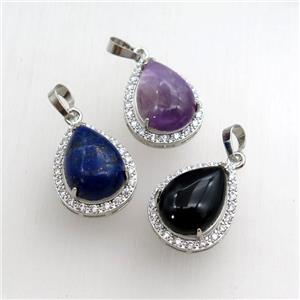 mix gemstone pendant paved rhinestone, teardrop, platinum plated, approx 13-18mm, 18-25mm [GM15279]