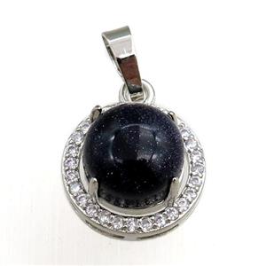 black onyx agate pendant paved rhinestone, circle, platinum plated, approx 11mm, 16mm dia [GM15282]