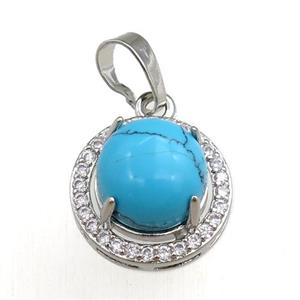 blue synthetic turquoise pendant paved rhinestone, circle, platinum plated, approx 11mm, 16mm dia [GM15284]