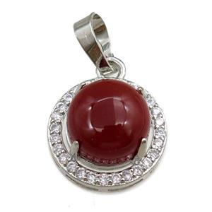 red carnelian agate pendant paved rhinestone, circle, platinum plated, approx 11mm, 16mm dia [GM15286]