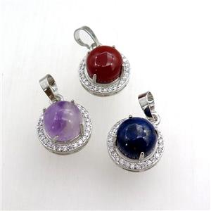 mixed gemstone pendant paved rhinestone, circle, platinum plated, approx 11mm, 16mm dia [GM15289]