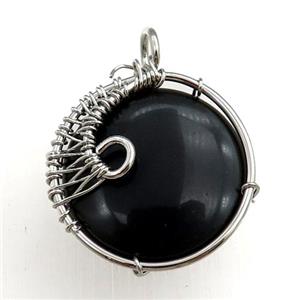 black onyx agate pendant, circle, wire wrapped, approx 25mm dia [GM15292]