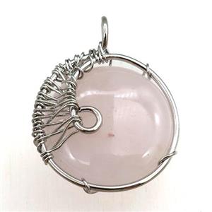 rose quartz pendant, circle, wire wrapped, approx 25mm dia [GM15293]