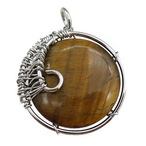 tiger eye stone pendant, circle, wire wrapped, approx 25mm dia [GM15294]