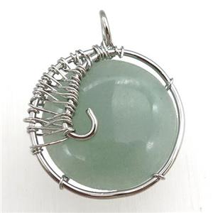green aventurine pendant, circle, wire wrapped, approx 25mm dia [GM15295]