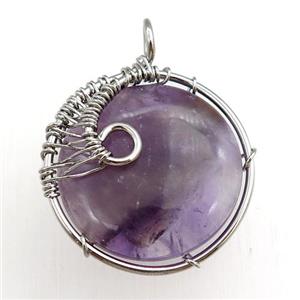 amethyst pendant, circle, wire wrapped, approx 25mm dia [GM15296]