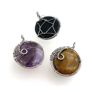 mixed Gemstone pendant, circle, wire wrapped, approx 25mm dia [GM15297]