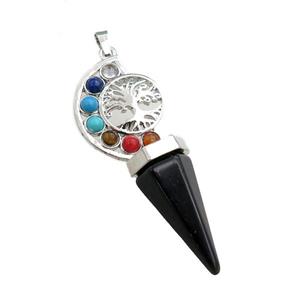 black onyx agate chakra pendulum pendant, tree of life, platinum plated, approx 18-60mm [GM15311]