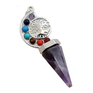 amehyst chakra pendulum pendant, tree of life, platinum plated, approx 18-60mm [GM15312]