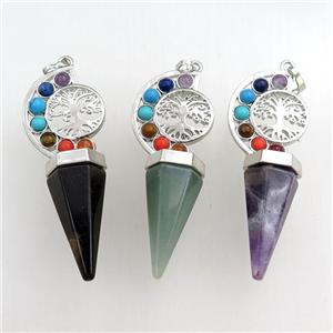 mix gemstone chakra pendulum pendant, tree of life, platinum plated, approx 18-60mm [GM15314]