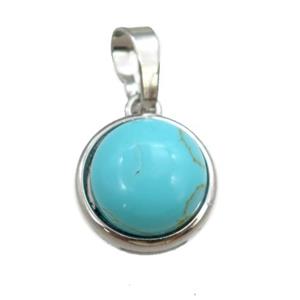 green synthetic turquoise pendant, circle, platinum plated, approx 11mm, 13mm dia [GM15318]