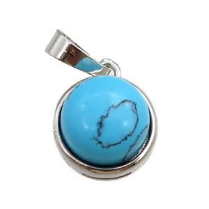 blue synthetic turquoise pendant, circle, platinum plated, approx 11mm, 13mm dia [GM15319]