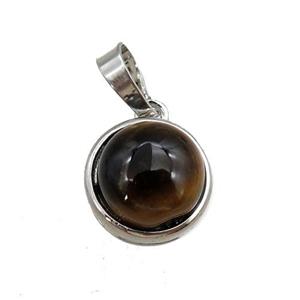 tiger eye stone pendant, circle, platinum plated, approx 11mm, 13mm dia [GM15325]