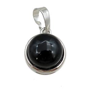black onyx agate pendant, circle, platinum plated, approx 11mm, 13mm dia [GM15326]