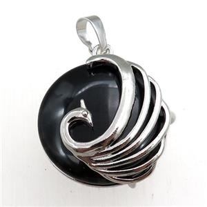 black onyx agate circle pendant with phoenix, approx 25mm [GM15360]