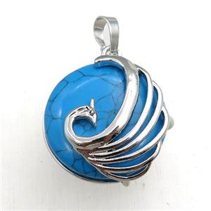 blue synthetic turquoise circle pendant with phoenix, approx 25mm [GM15363]