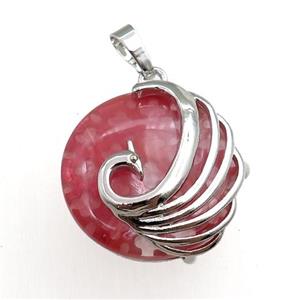 pink watermelon quartz circle pendant with phoenix, approx 25mm [GM15365]
