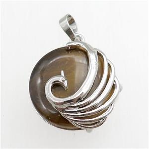 tiger eye stone circle pendant with phoenix, approx 25mm [GM15370]