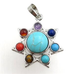 green synthetic turquoise chakra pendant, platinum plated, approx 11mm, 27mm dia [GM15379]
