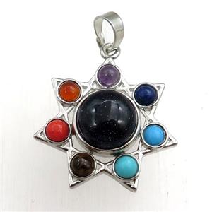 blue sandstone chakra pendant, platinum plated, approx 11mm, 27mm dia [GM15381]