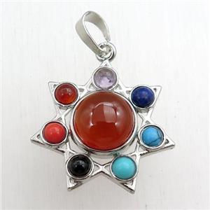 red carnelian agate chakra pendant, platinum plated, approx 11mm, 27mm dia [GM15383]
