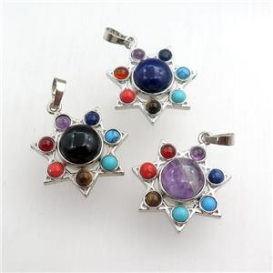 mix gemstone chakra pendant, star, platinum plated, approx 11mm, 27mm dia [GM15387]